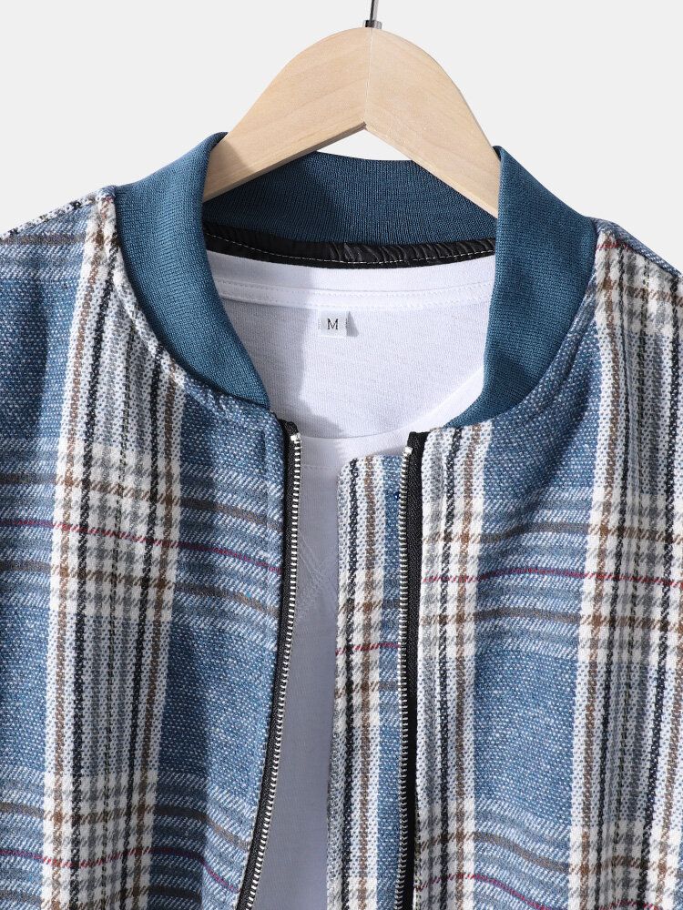 Chaqueta Casual Con Cremallera Y Cuello De Béisbol A Cuadros Para Hombre Con Bolsillo Abotonado