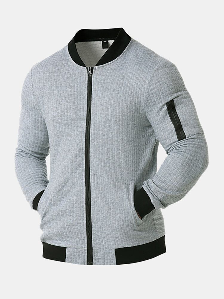 Chaqueta Casual Sólida Con Cremallera Y Cuello De Béisbol Texturizado Para Hombre Con Bolsillo