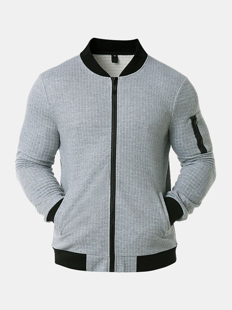 Chaqueta Casual Sólida Con Cremallera Y Cuello De Béisbol Texturizado Para Hombre Con Bolsillo