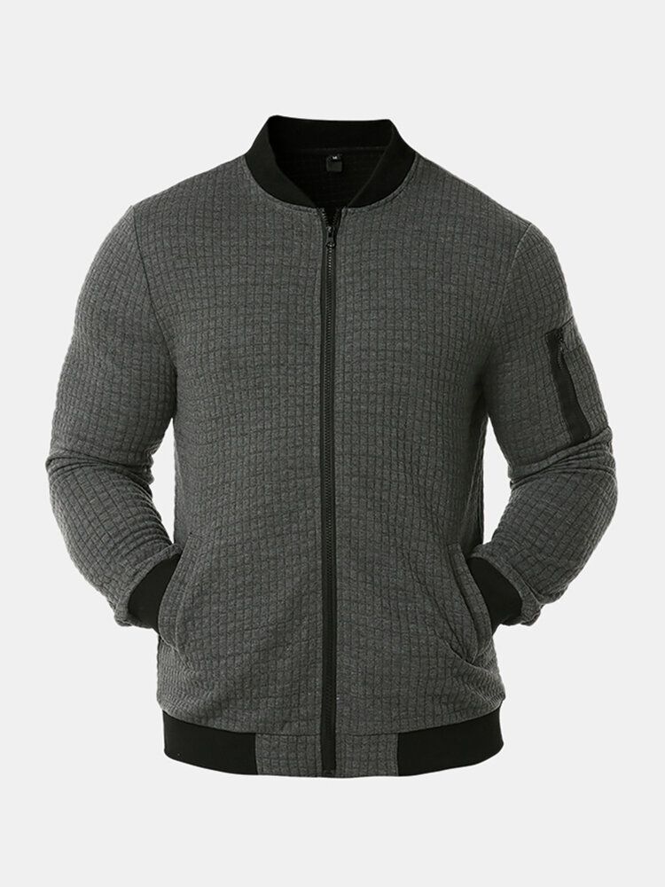 Chaqueta Casual Sólida Con Cremallera Y Cuello De Béisbol Texturizado Para Hombre Con Bolsillo