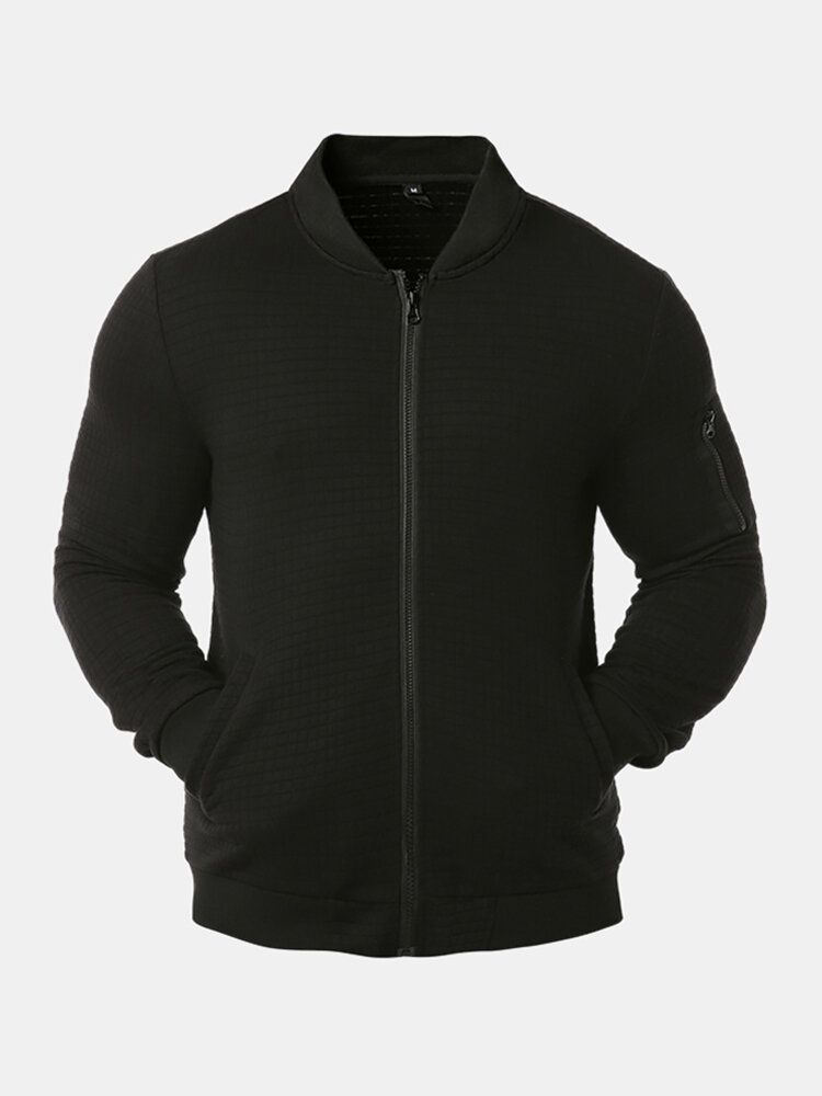 Chaqueta Casual Sólida Con Cremallera Y Cuello De Béisbol Texturizado Para Hombre Con Bolsillo