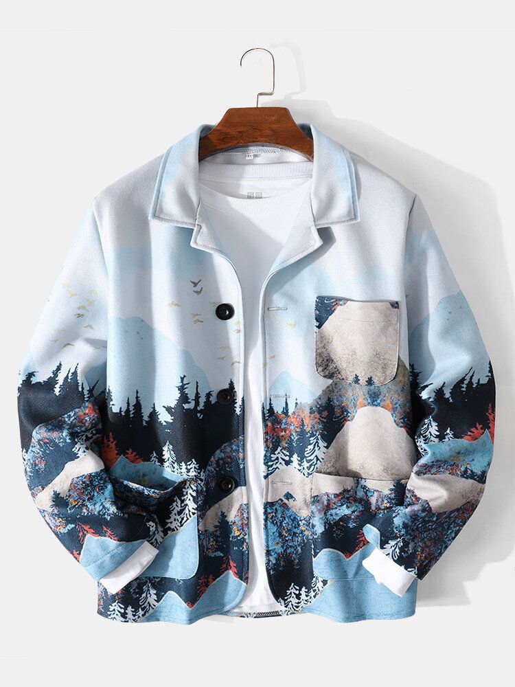 Chaqueta Casual De Un Solo Pecho Con Estampado De Paisaje De Diseño Para Hombre