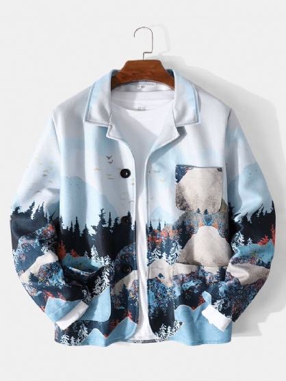 Chaqueta Casual De Un Solo Pecho Con Estampado De Paisaje De Diseño Para Hombre