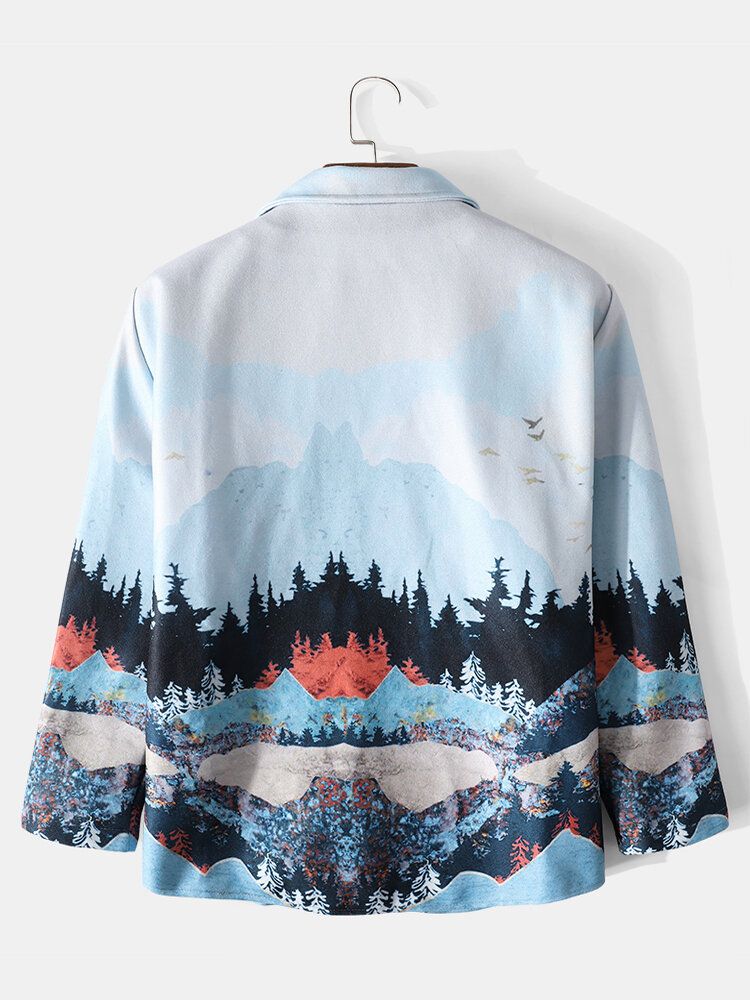 Chaqueta Casual De Un Solo Pecho Con Estampado De Paisaje De Diseño Para Hombre