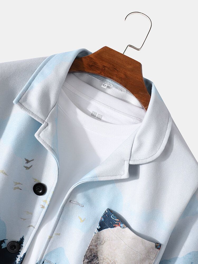 Chaqueta Casual De Un Solo Pecho Con Estampado De Paisaje De Diseño Para Hombre