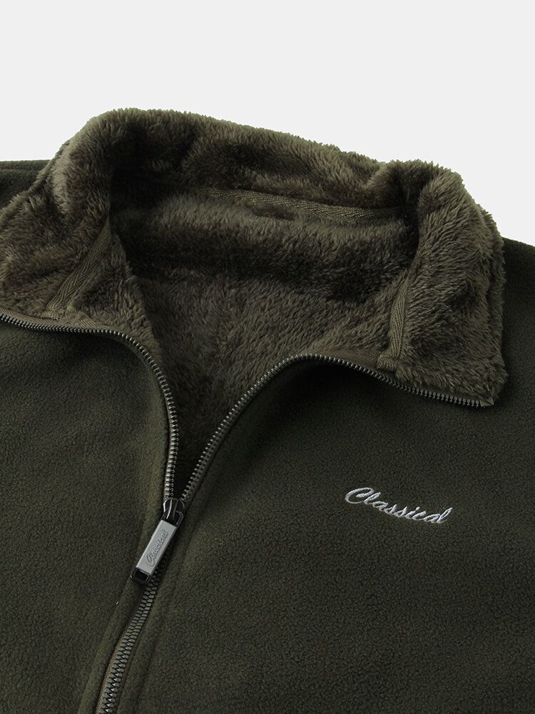 Chaqueta De Chándal Cálida Gruesa Con Cuello Alto Forrado Con Bolsillo De Forro Polar De Color Puro Para Hombre