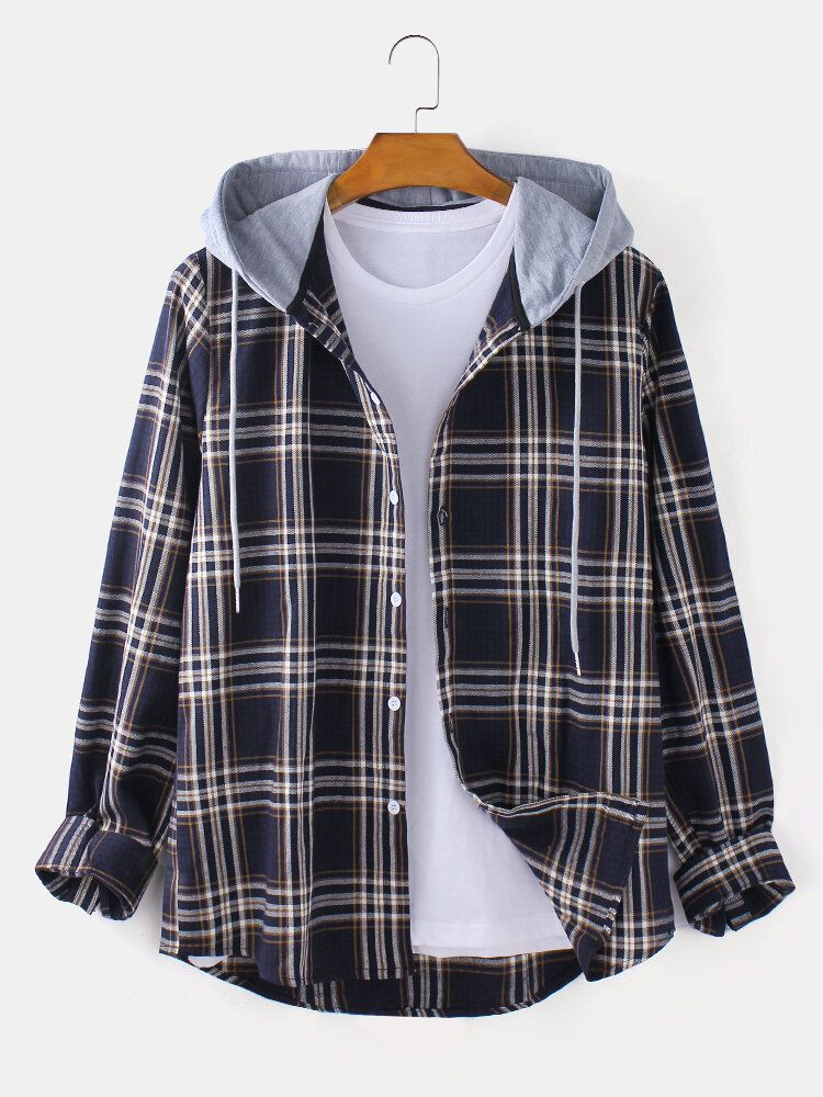 Chaqueta Con Capucha De Ajuste Holgado Con Dobladillo Curvado De Manga Larga Con Botones De Tartán Para Hombre