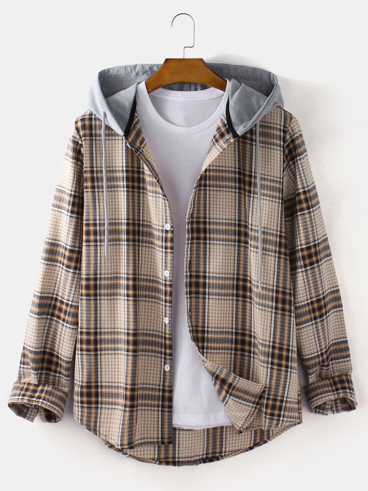 Chaqueta Con Capucha De Ajuste Holgado Con Dobladillo Curvado De Manga Larga Con Botones De Tartán Para Hombre