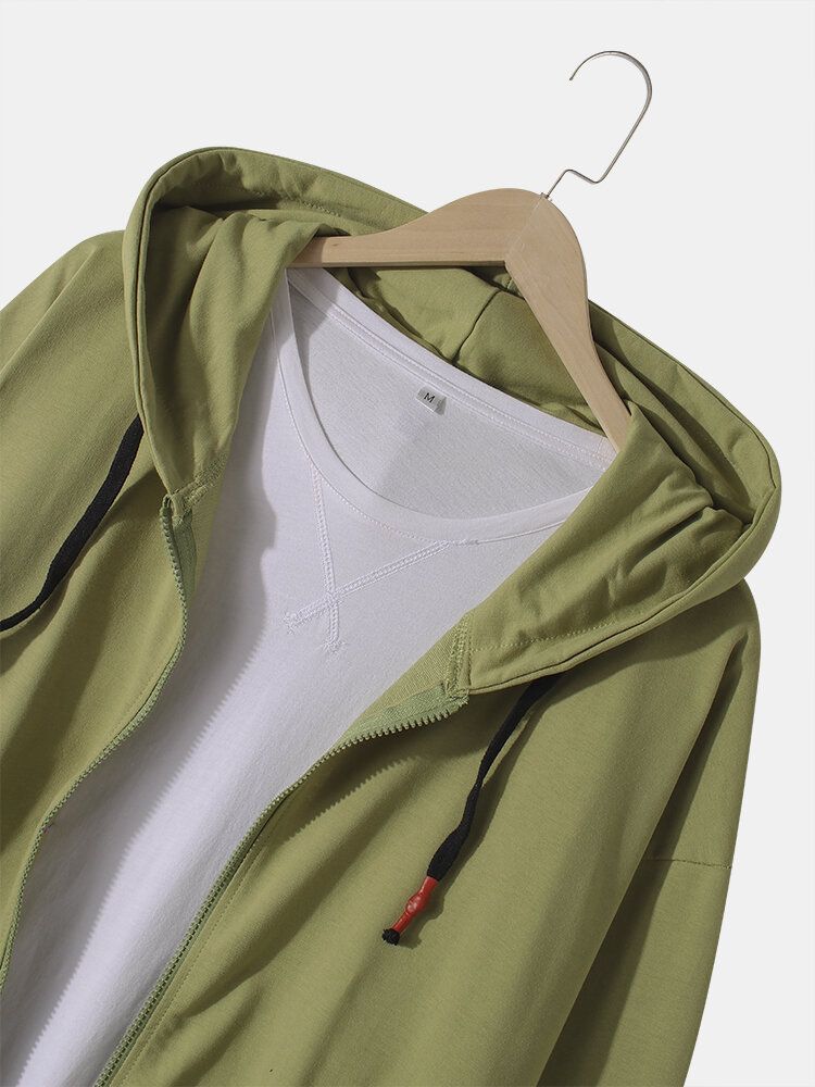 Chaqueta Con Capucha De Algodón Simple Con Cremallera De Bolsillo De Canguro De Color Sólido Para Hombre