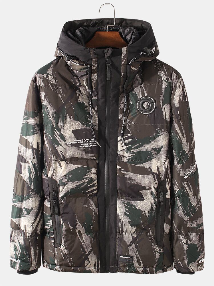 Chaqueta Con Capucha Con Cordón Delantero Y Cremallera Con Estampado De Letras De Camuflaje Para Hombre Y Bolsillo Con Cremallera