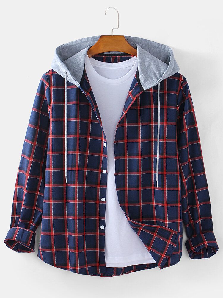 Chaqueta Con Capucha Con Cordón Liso Casual De Manga Larga Con Botones A Cuadros Clásicos Para Hombre