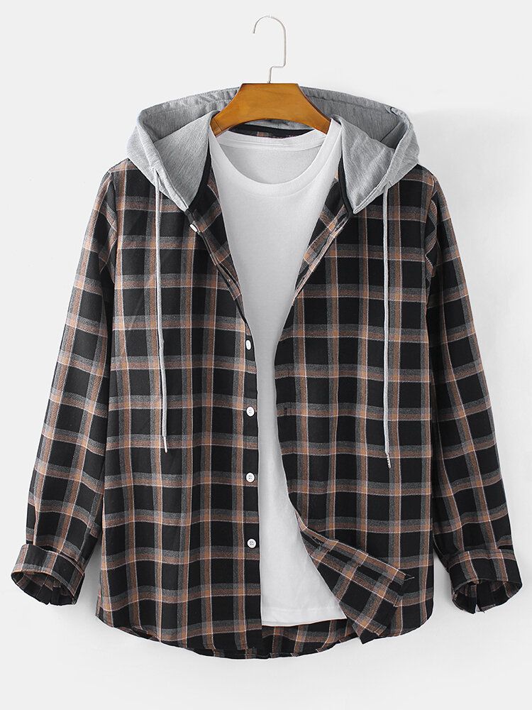 Chaqueta Con Capucha Con Cordón Liso Casual De Manga Larga Con Botones A Cuadros Clásicos Para Hombre