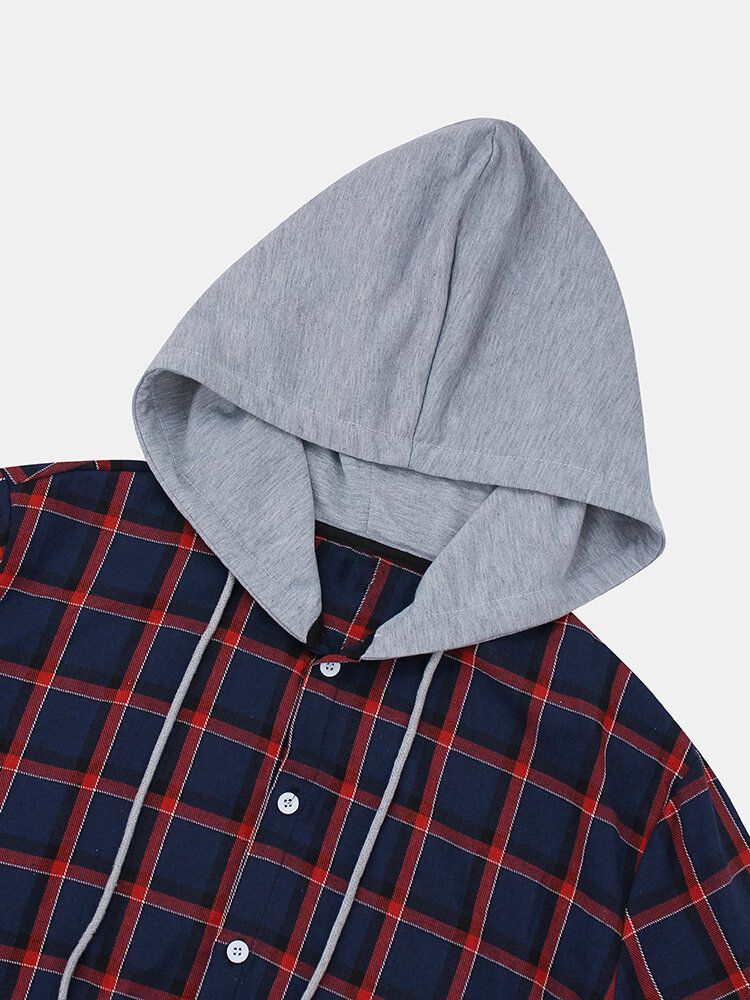 Chaqueta Con Capucha Con Cordón Liso Casual De Manga Larga Con Botones A Cuadros Clásicos Para Hombre