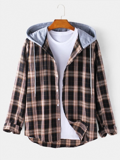 Chaqueta Con Capucha Con Cordón Suelto Informal De Manga Larga Con Botones De Tartán Para Hombre