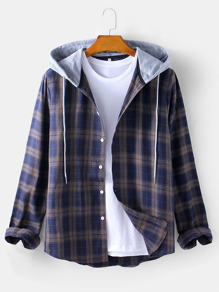 Chaqueta Con Capucha Con Cordón Suelto Informal De Manga Larga Con Botones De Tartán Para Hombre