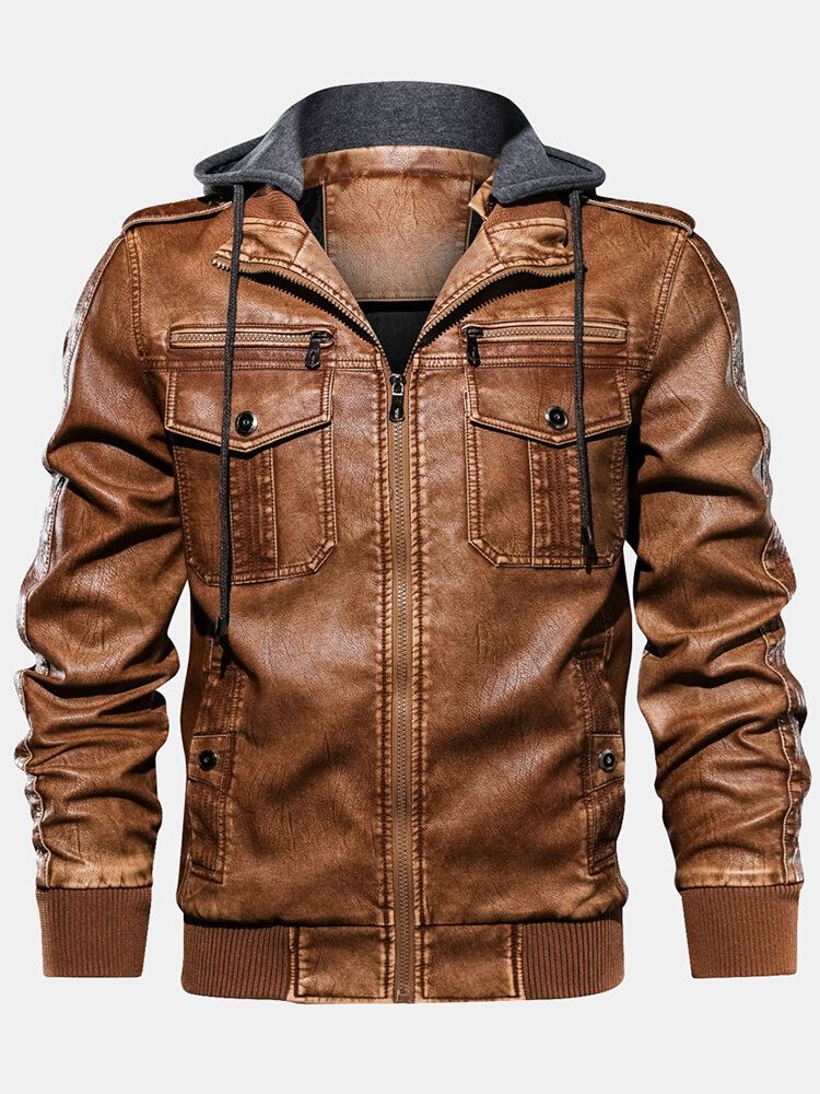 Chaqueta Con Capucha Con Cordón Vintage De Cuero Pu Para Hombre