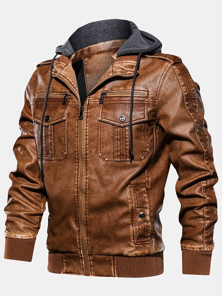 Chaqueta Con Capucha Con Cordón Vintage De Cuero Pu Para Hombre