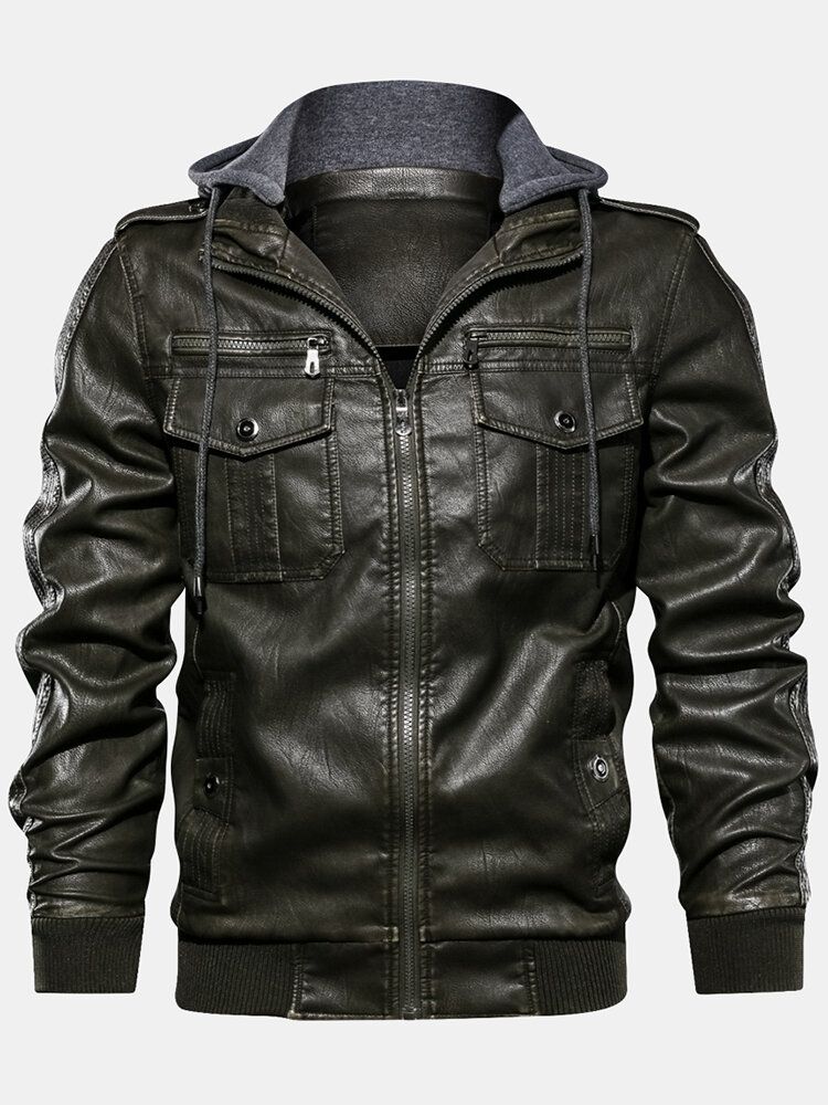 Chaqueta Con Capucha Con Cordón Vintage De Cuero Pu Para Hombre