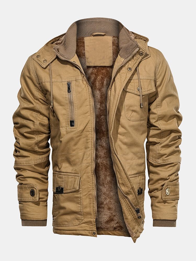 Chaqueta Con Capucha Gruesa Vintage Con Forro Polar Cálido Para Hombre Con Múltiples Bolsillos