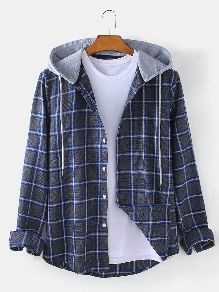 Chaqueta Con Capucha Informal De Manga Larga Con Botones A Cuadros Para Hombre