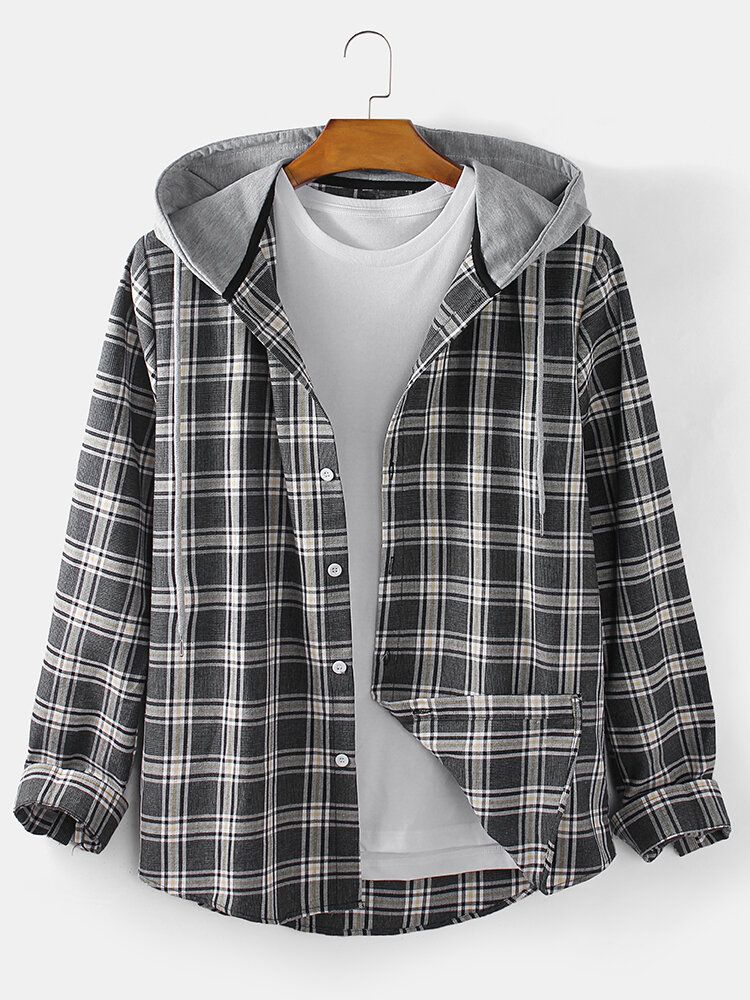 Chaqueta Con Capucha Informal De Manga Larga Con Botones A Cuadros Para Hombre