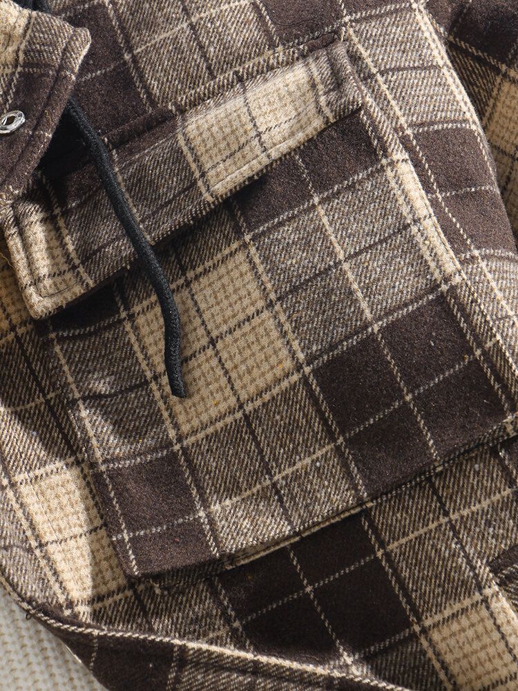 Chaqueta Con Capucha De Manga Larga Cálida Con Cremallera De Bolsillo En El Pecho A Cuadros Vintage Para Hombre