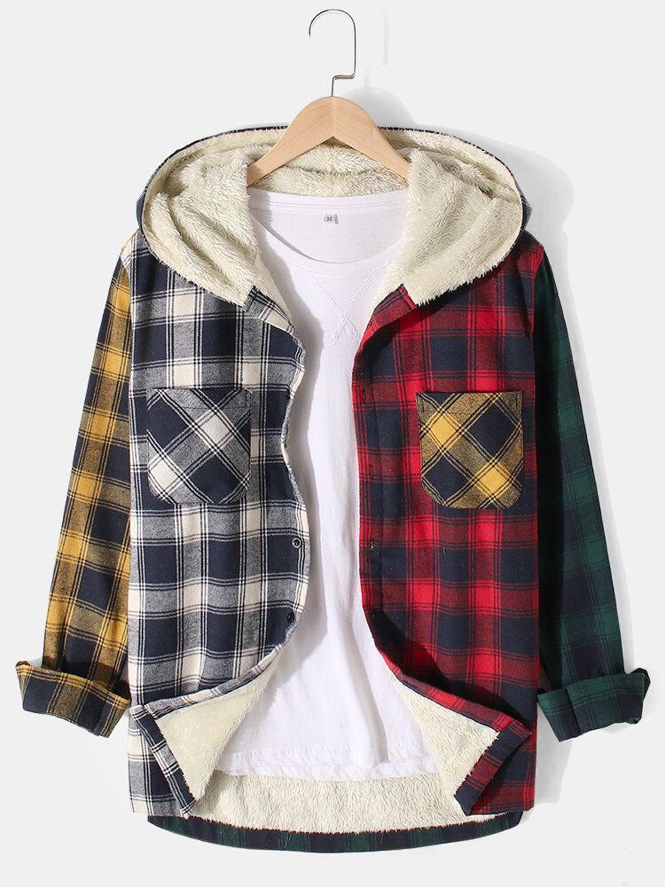 Chaqueta Con Capucha De Manga Larga Con Forro Polar Cálido A Cuadros De Patchwork Para Hombre