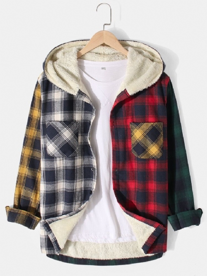 Chaqueta Con Capucha De Manga Larga Con Forro Polar Cálido A Cuadros De Patchwork Para Hombre