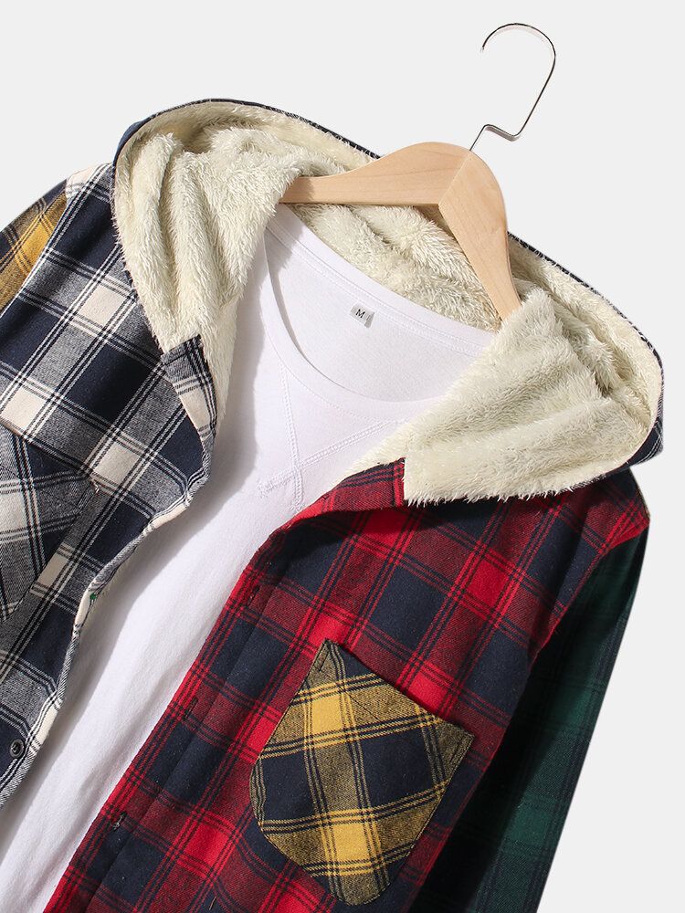 Chaqueta Con Capucha De Manga Larga Con Forro Polar Cálido A Cuadros De Patchwork Para Hombre