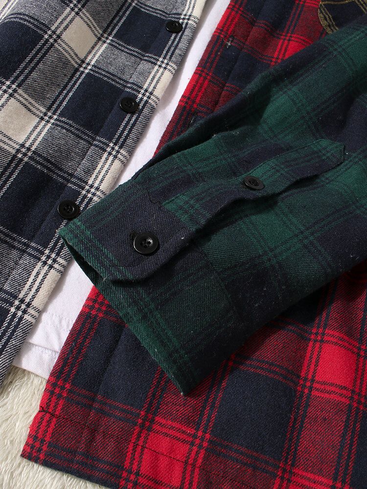 Chaqueta Con Capucha De Manga Larga Con Forro Polar Cálido A Cuadros De Patchwork Para Hombre