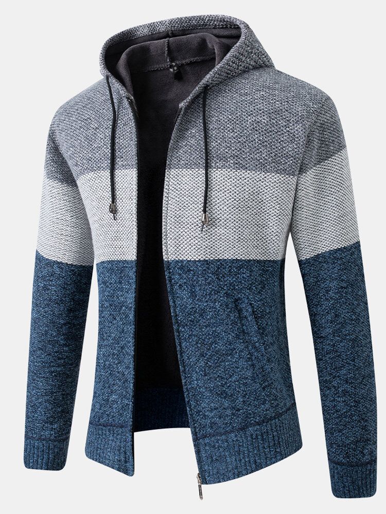 Chaqueta Con Capucha De Manga Larga Gruesa Y Cálida De Tejido De Lana En Bloques De Color Para Hombre