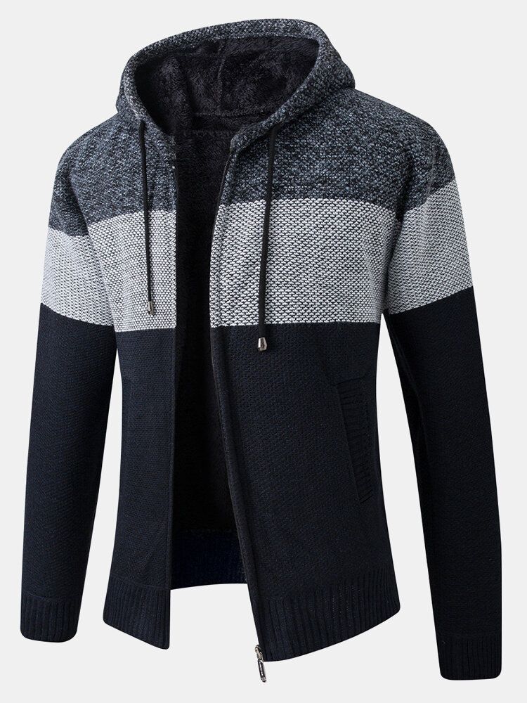 Chaqueta Con Capucha De Manga Larga Gruesa Y Cálida De Tejido De Lana En Bloques De Color Para Hombre