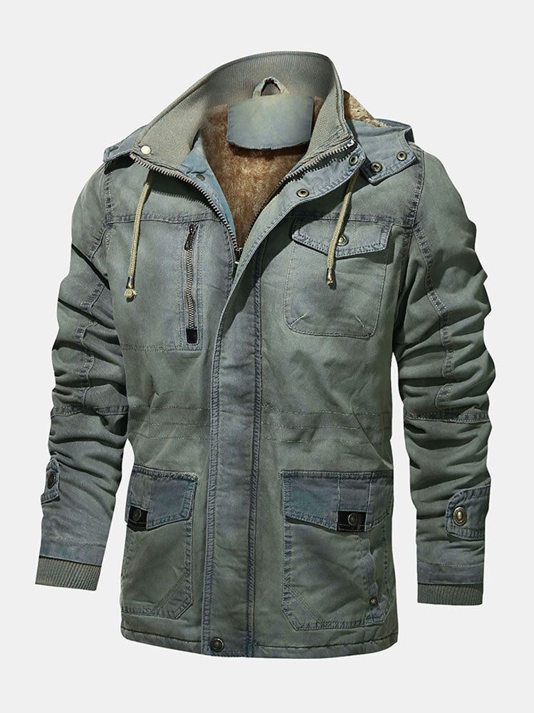 Chaqueta Con Capucha Con Múltiples Bolsillos De Manga Larga De Terciopelo Interior Cálido Vintage Para Hombre