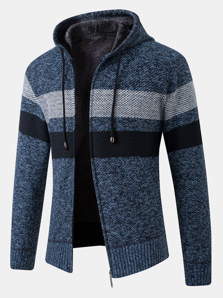 Chaqueta Con Capucha De Suéter De Punto Cálido Grueso Con Cremallera A Rayas Para Hombre