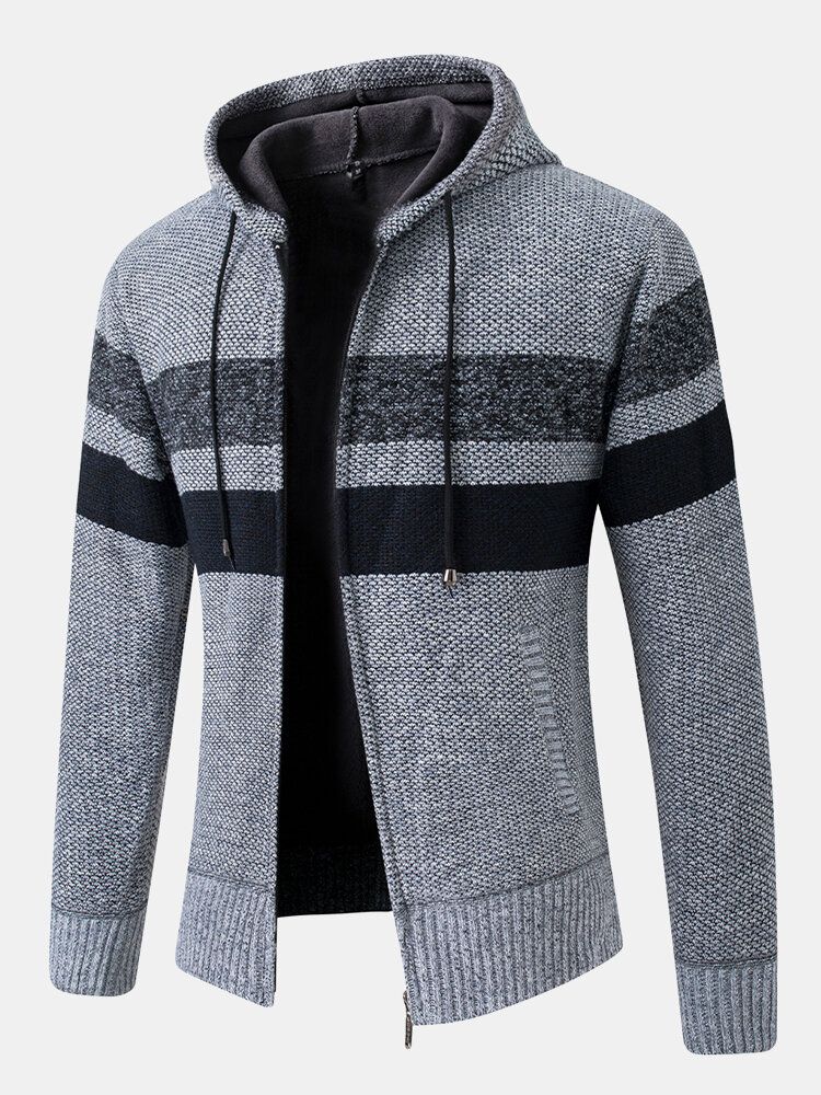 Chaqueta Con Capucha De Suéter De Punto Cálido Grueso Con Cremallera A Rayas Para Hombre