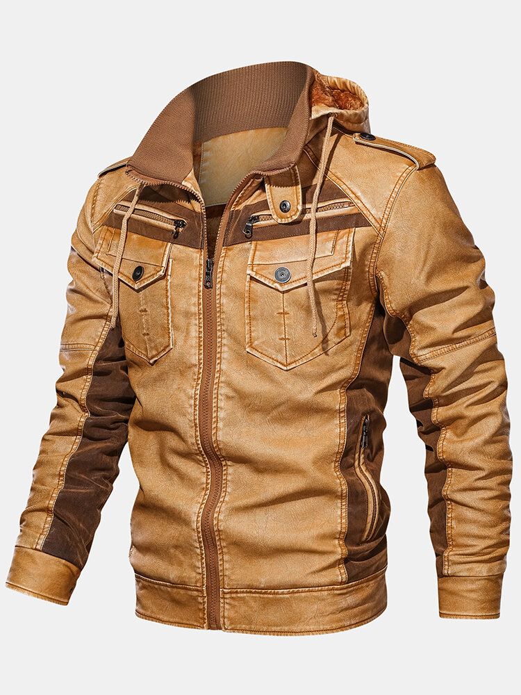 Chaqueta Con Capucha Y Cordón De Cuero Pu Con Cremallera Vintage Para Hombre Con Bolsillo