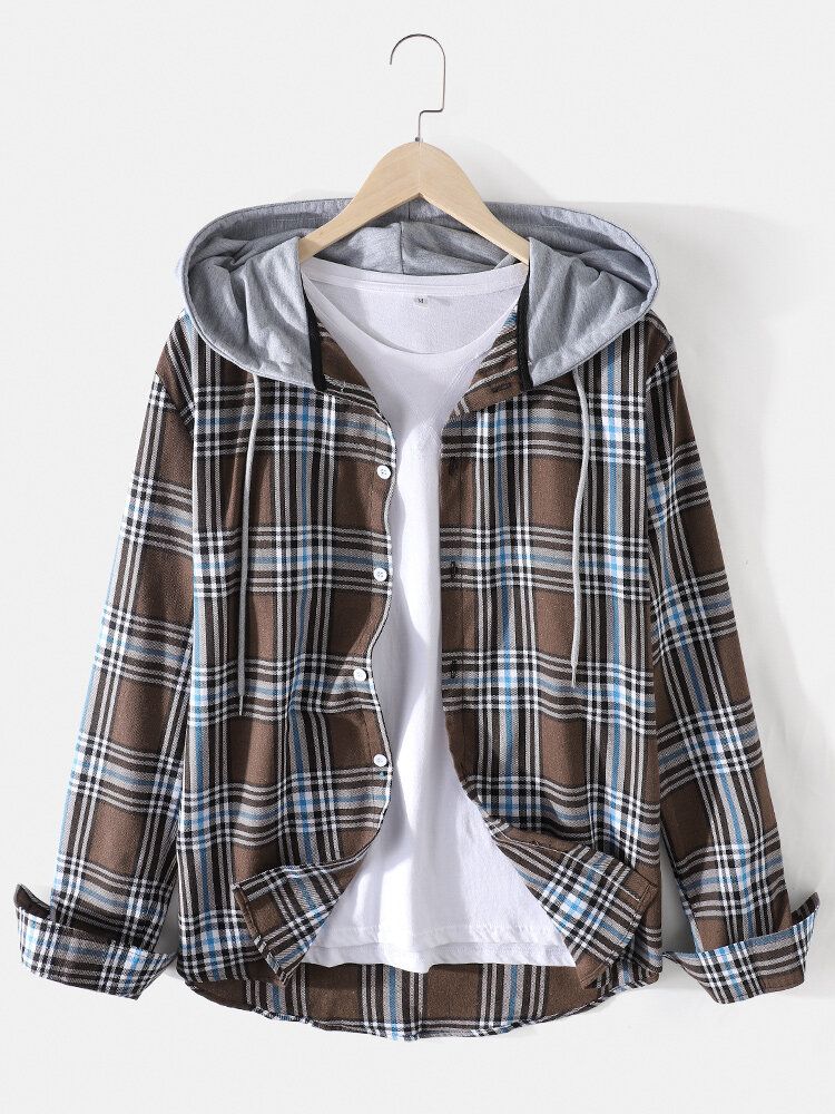 Chaqueta Con Capucha Y Cordón Informal De Manga Larga Con Botones A Cuadros Para Hombre