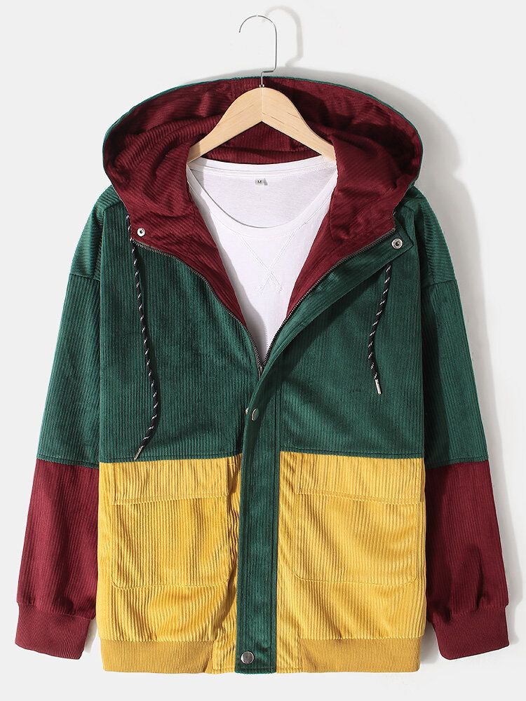 Chaqueta Con Capucha Y Costura De Pana Con Bloques De Color Vintage Para Hombre