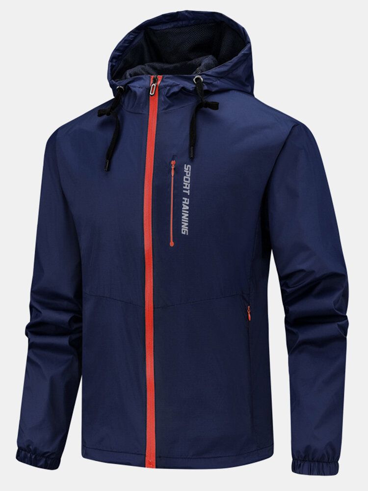 Chaqueta Con Capucha Y Cremallera De Bolsillo Grande Impermeable Con Estampado De Letras Para Hombre