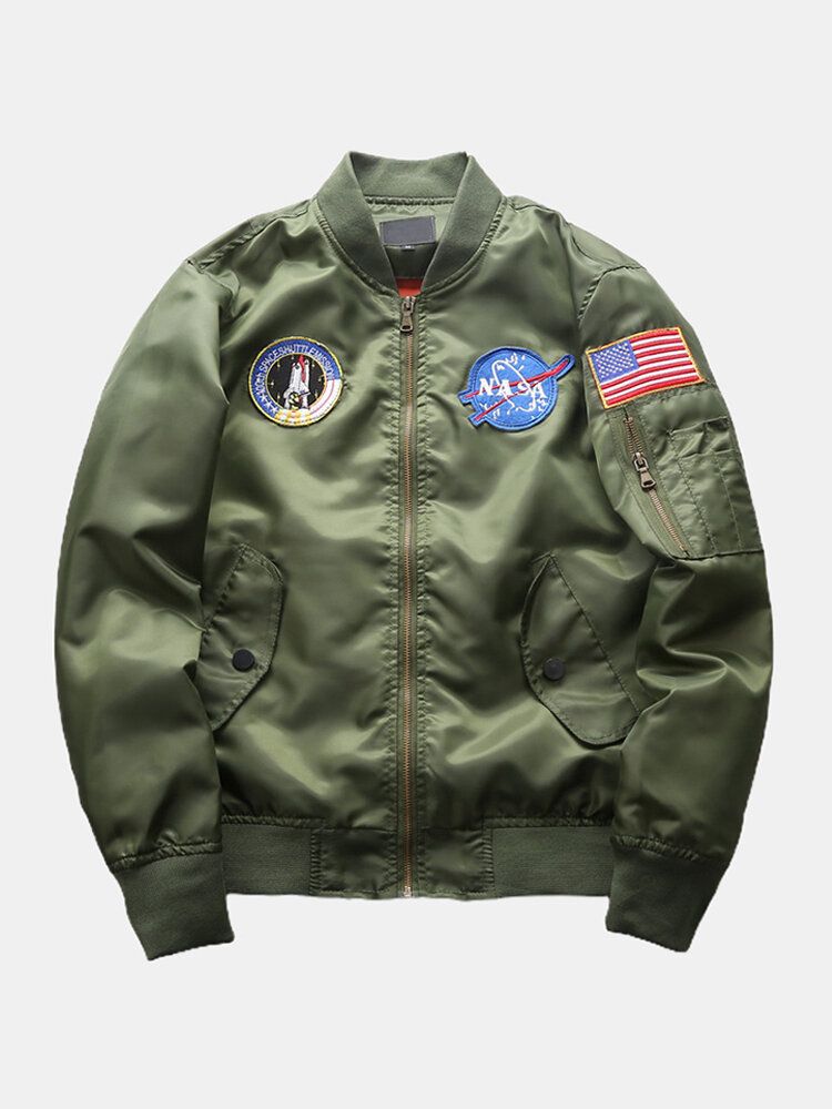 Chaqueta Con Cremallera Con Múltiples Bolsillos Y Cuello De Béisbol Con Bandera Americana Y Bordado Gráfico Para Hombre