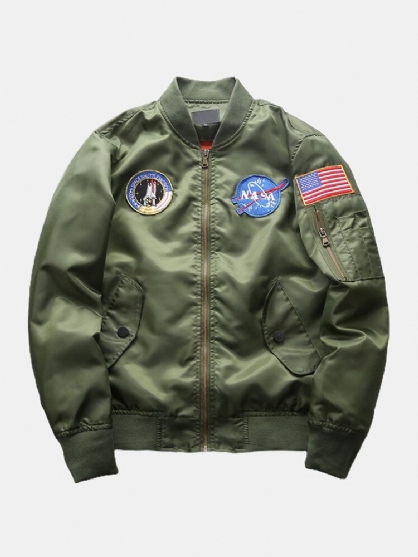 Chaqueta Con Cremallera Con Múltiples Bolsillos Y Cuello De Béisbol Con Bandera Americana Y Bordado Gráfico Para Hombre