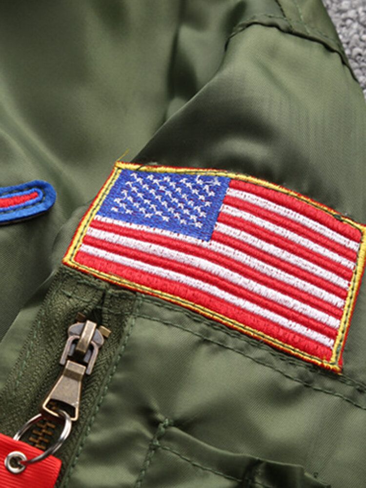 Chaqueta Con Cremallera Con Múltiples Bolsillos Y Cuello De Béisbol Con Bandera Americana Y Bordado Gráfico Para Hombre