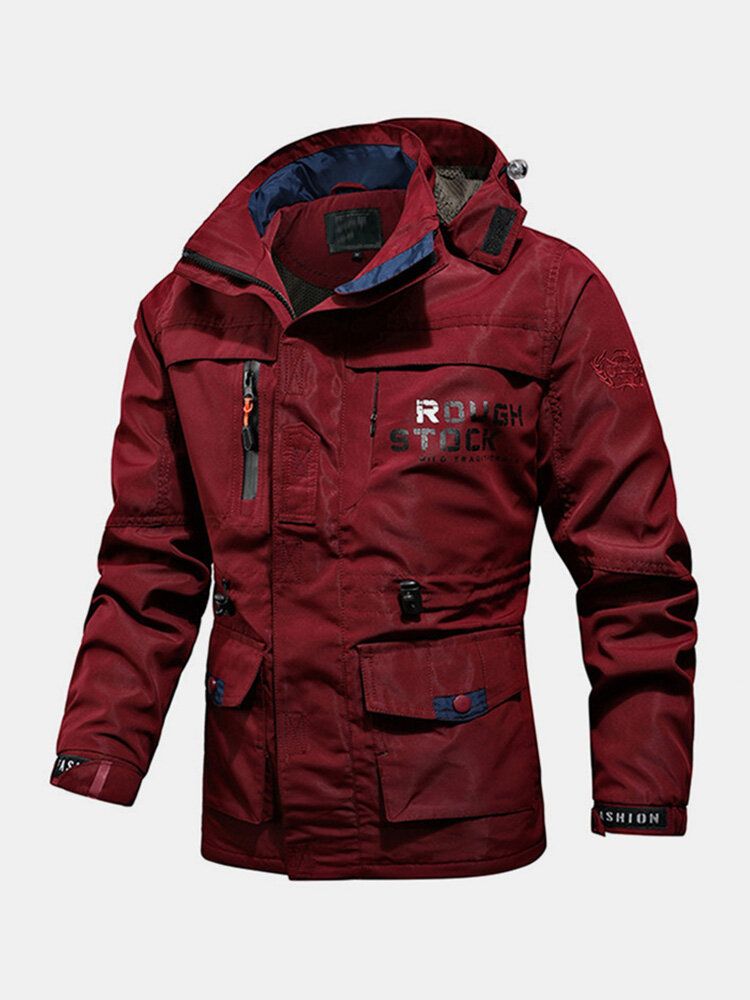 Chaqueta Con Múltiples Bolsillos Impermeable A Prueba De Viento Con Cordón Y Cintura Con Estampado De Letras Para Hombre