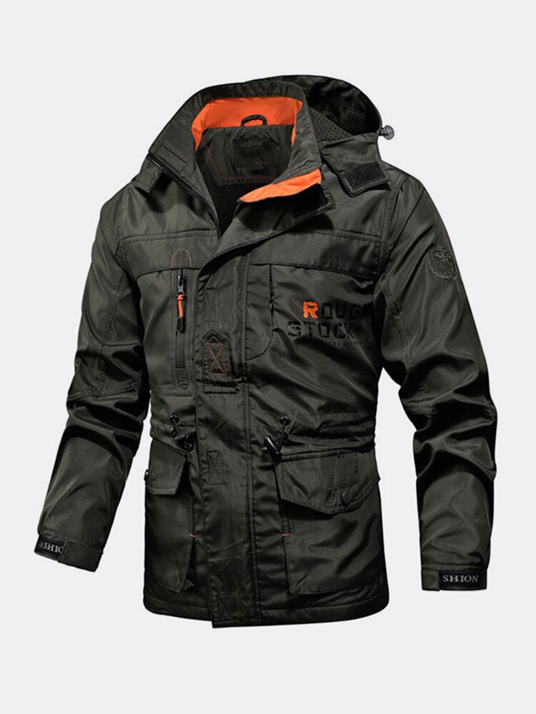 Chaqueta Con Múltiples Bolsillos Impermeable A Prueba De Viento Con Cordón Y Cintura Con Estampado De Letras Para Hombre