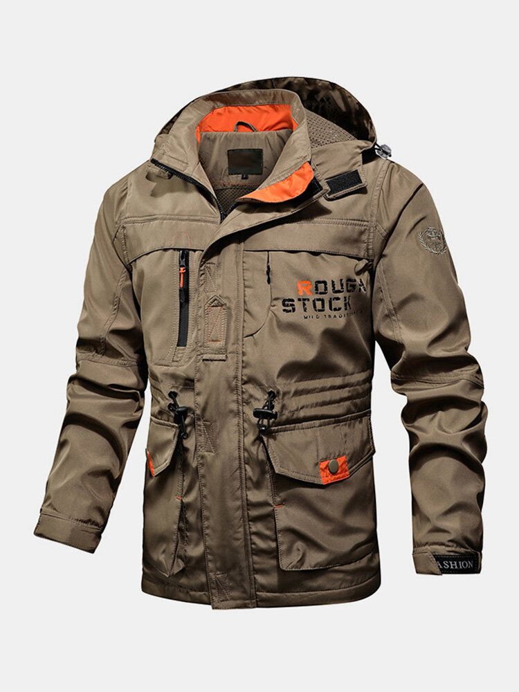 Chaqueta Con Múltiples Bolsillos Impermeable A Prueba De Viento Con Cordón Y Cintura Con Estampado De Letras Para Hombre