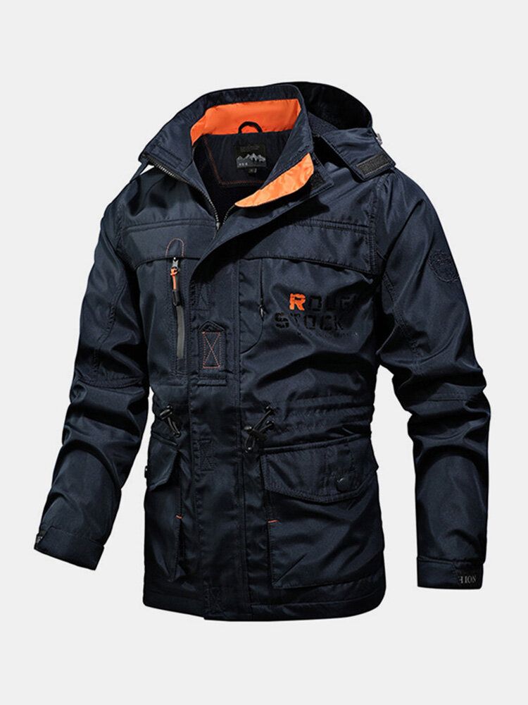 Chaqueta Con Múltiples Bolsillos Impermeable A Prueba De Viento Con Cordón Y Cintura Con Estampado De Letras Para Hombre