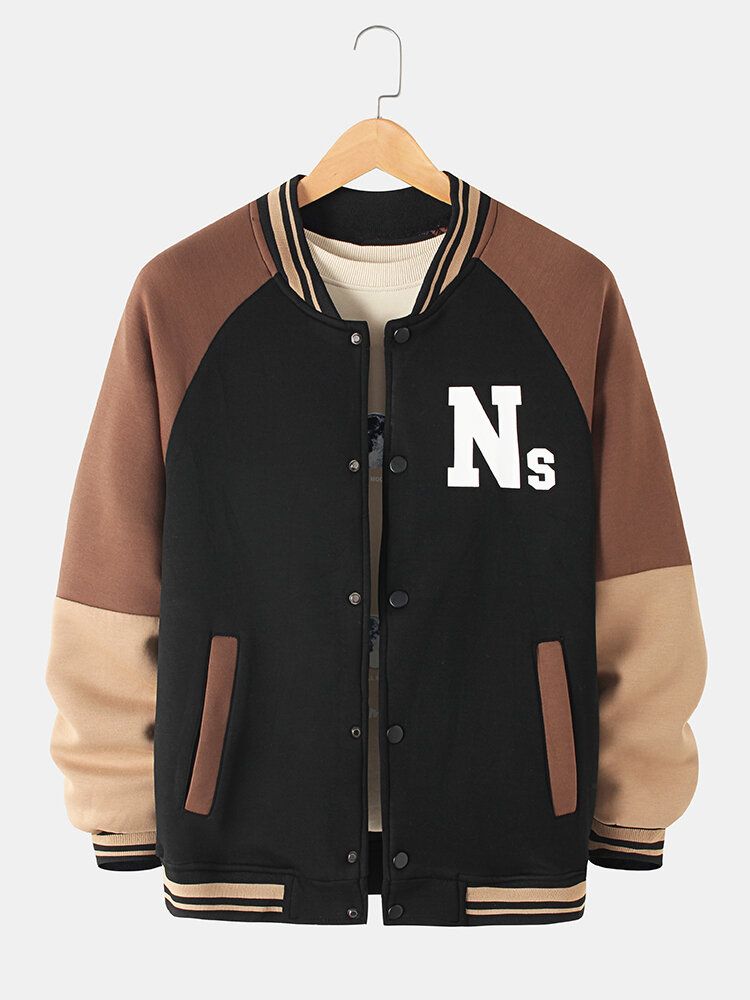 Chaqueta De Cuello De Béisbol Con Mangas Raglán Y Estampado De Letras Para Hombre Con Bolsillo Inclinado