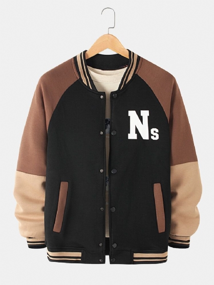 Chaqueta De Cuello De Béisbol Con Mangas Raglán Y Estampado De Letras Para Hombre Con Bolsillo Inclinado