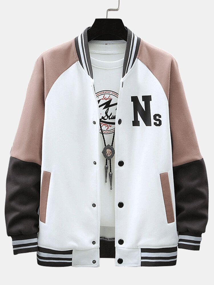 Chaqueta De Cuello De Béisbol Con Mangas Raglán Y Estampado De Letras Para Hombre Con Bolsillo Inclinado