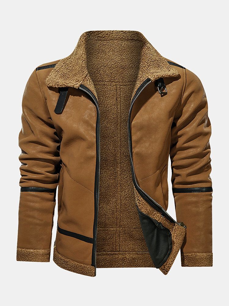 Chaqueta De Cuero De Piel Vintage De Manga Larga Con Bolsillo Cálido Con Cremallera Para Hombre